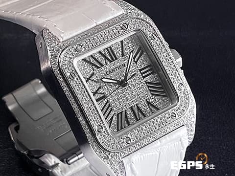 CARTIER 卡地亞 Santos 100 山度士 中型 精鑲滿天星鑽石面盤、鑲鑽錶圈 自動上鍊 36mm