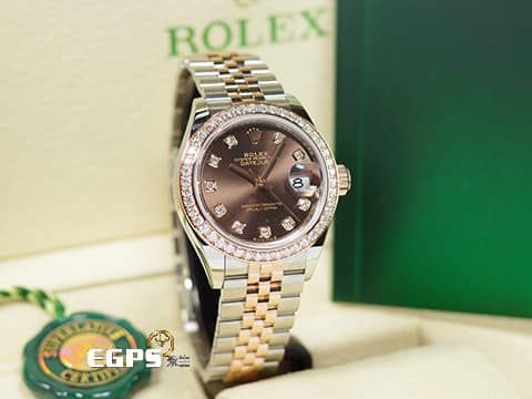 ROLEX 勞力士 Lady-Datejust 279381RBR 蠔式日誌型 &nbsp;18K永恆玫瑰金 半金款 巧克力色面盤&nbsp;原廠鑲鑽錶圈、鑽石時標 2026年保卡 自動上鍊 28mm