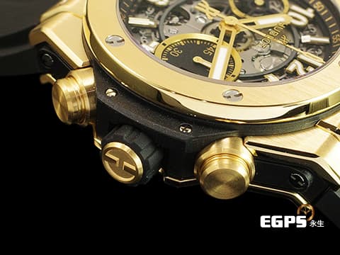 HUBLOT 宇舶 Big Bang 大爆炸 UNICO 441.VX.1131.RX King Gold 宇舶獨特材質&nbsp;王金 消光黑色鏤空面盤&nbsp;&nbsp;2022年新式電子保單 &nbsp;三日鍊 飛返計時碼錶 自動上鍊 42mm