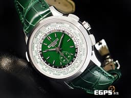 Patek Philippe PP 百達翡麗 複雜功能時計 5930P-001 PT950鉑金材質 5930 世界時間 日夜顯示 <font color=#82D900>綠色手工車花編織波紋面盤</font> Calatrava Cross折疊帶扣 <font color=#FF0000> 2022年保單 未使用蒐藏品 新錶訂價：3,472,000元</font> PP印記 自動上鍊 39.5mm