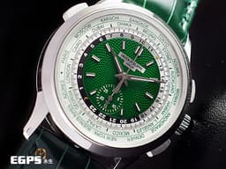 Patek Philippe PP 百達翡麗 複雜功能時計 5930P-001 PT950鉑金材質 5930 世界時間 日夜顯示 <font color=#82D900>綠色手工車花編織波紋面盤</font> Calatrava Cross折疊帶扣 <font color=#FF0000> 2022年保單 未使用蒐藏品 新錶訂價：3,472,000元</font> PP印記 自動上鍊 39.5mm