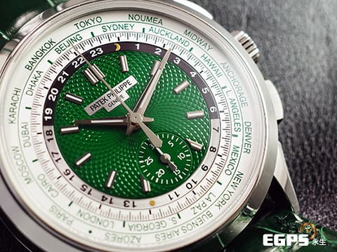 Patek Philippe PP 百達翡麗 複雜功能時計 5930P-001 PT950鉑金材質 5930 世界時間 日夜顯示 綠色手工車花編織波紋面盤 Calatrava Cross折疊帶扣  2022年保單 未使用蒐藏品 新錶訂價：3,472,000元 PP印記 自動上鍊 39.5mm