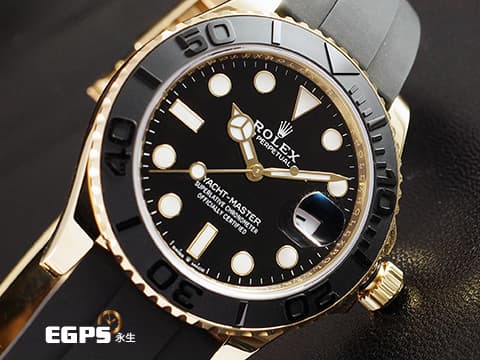 ROLEX 勞力士 Yacht-Master 226658 遊艇名仕  42mm橡膠錶帶黃K金款遊艇，閃耀華貴，大重量全18K金質運動錶~ !!BLACK &amp; GOLD!! 雙色黑金搭配~黑色陶瓷錶圈 2024年保卡  此錶歡迎各路錶友以 PP、AP、RM、勞力士 來店交換，本店將以最高價評估～ 42mm