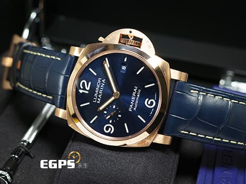 PANERAI 沛納海 Luminor Marina Goldtech Sole Blu PAM1112 經典三明治夜光 藍色太陽紋面盤 Goldtech金材質 玫瑰金 PAM01112 三日鍊 小秒針 2026年保單 自動上鍊 44mm