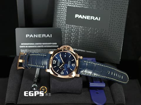 PANERAI 沛納海 Luminor Marina Goldtech Sole Blu PAM1112 經典三明治夜光 藍色太陽紋面盤 Goldtech金材質 玫瑰金 PAM01112 三日鍊 小秒針 2026年保單 自動上鍊 44mm