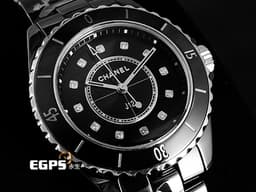 CHANEL 香奈兒 J12 H5701 <font color=#FF0000> 2024年保單 <font color=#FFFF33> 鑲嵌12顆鑽石時標 搭載高精準石英機芯 </font> </font> 黑色高科技精密陶瓷 黑色面盤 專利不鏽鋼蝴蝶扣 石英機芯 33mm