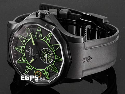 CORUM 崑崙 Admiral Legend 42 Full Black 海軍上將 綠色海事信號旗幟時標 395.111.98/F371/BV12 黑色PVD塗層不鏽鋼 小秒針 限量100只 2022年台灣公司貨 自動上鍊 42mm