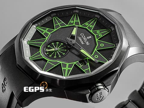 CORUM 崑崙 Admiral Legend 42 Full Black 海軍上將 綠色海事信號旗幟時標 395.111.98/F371/BV12 黑色PVD塗層不鏽鋼 小秒針 限量100只 2022年台灣公司貨 自動上鍊 42mm