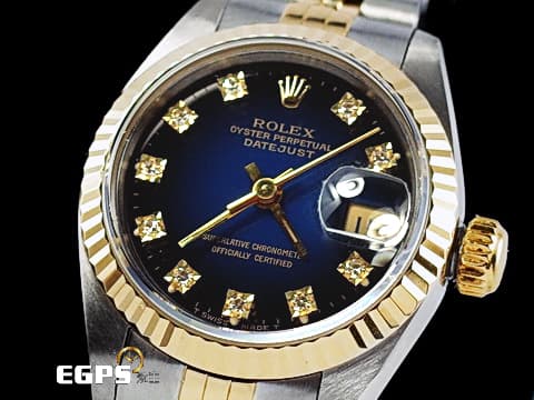 ROLEX 勞力士 DATEJUST 69173 黃K金半金款 稀有漸層藍色面盤    原鑲鑽石時標 五株帶&nbsp;自動上鍊  26mm