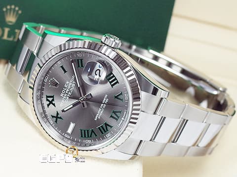 ROLEX 勞力士 Datejust 36 蠔式日誌型 126234 石板灰色面盤搭配綠色羅馬時標 溫布頓 不鏽鋼 DJ36 經典三角坑紋錶圈 2025年保卡 蠔式（Oyster）三節錶帶 自動上鍊 36mm