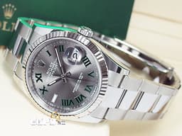ROLEX 勞力士 Datejust 36 蠔式日誌型 126234 <font color="#8a8a8a">石板灰色面盤</font>搭配<font color="#095e03">綠色羅馬時標 溫布頓</font> 不鏽鋼 DJ36 經典三角坑紋錶圈 <font color="#ff0000">2025年保卡 蠔式（Oyster）三節錶帶</font> 自動上鍊 36mm