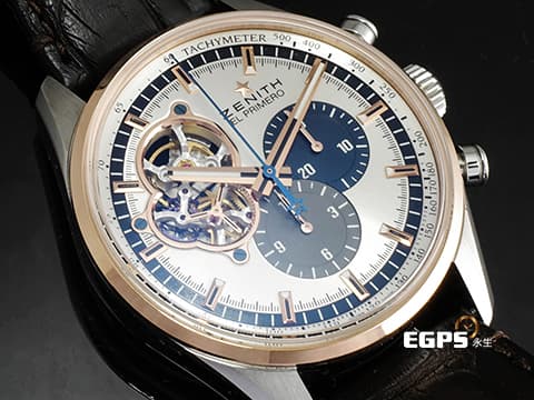 ZENITH 真力時 EL PRIMERO 51.2080.4061/69.C494 18K玫瑰金材質 半金款&nbsp;三色計時盤 鏤空偏心面盤&nbsp;2022年保卡 台灣公司貨 自動上鍊 42mm