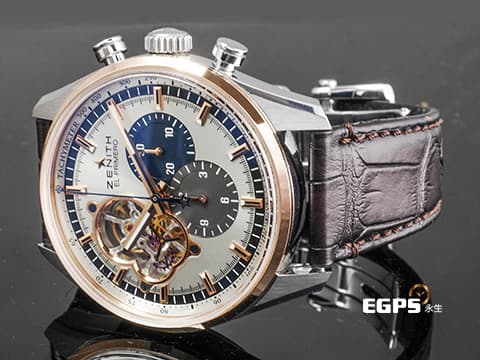 ZENITH 真力時 EL PRIMERO 51.2080.4061/69.C494 18K玫瑰金材質 半金款&nbsp;三色計時盤 鏤空偏心面盤&nbsp;2022年保卡 台灣公司貨 自動上鍊 42mm