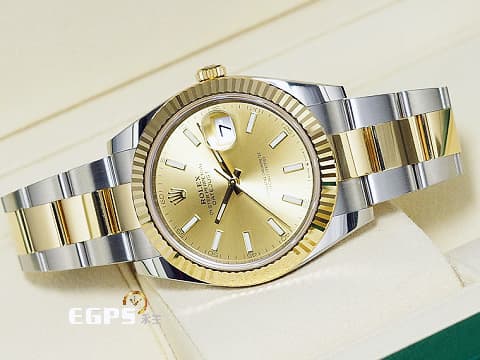 ROLEX 勞力士 DateJust 41 蠔式日誌型 126333 皇帝金面盤 18K黃金 半金款 DJ41 經典三角坑紋錶圈 2021年新式綠卡 蠔式（Oyster）三節錶帶 自動上鍊 41mm