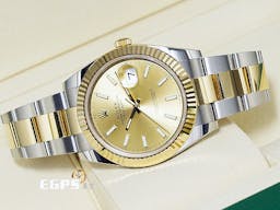 ROLEX 勞力士 DateJust 41 蠔式日誌型 126333 <font color=#f5dea8>皇帝金面盤</font> 18K黃金 半金款 DJ41 經典三角坑紋錶圈 <font color=#FF0000>2021年新式綠卡 蠔式（Oyster）三節錶帶</font> 自動上鍊 41mm