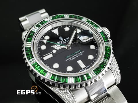 ROLEX 勞力士  GMT-Master II 116710LN 格林威治型 GMT 兩地時區 精鑲鑽石框錶耳  精鑲綠寶石錶 綠色GMT指針 自動上鍊 40mm