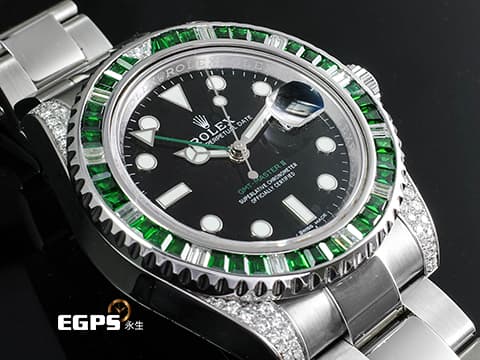 ROLEX 勞力士  GMT-Master II 116710LN 格林威治型 GMT 兩地時區 精鑲鑽石框錶耳  精鑲綠寶石錶 綠色GMT指針 自動上鍊 40mm