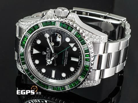 ROLEX 勞力士  GMT-Master II 116710LN 格林威治型 GMT 兩地時區 精鑲鑽石框錶耳  精鑲綠寶石錶 綠色GMT指針 自動上鍊 40mm