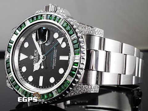 ROLEX 勞力士  GMT-Master II 116710LN 格林威治型 GMT 兩地時區 精鑲鑽石框錶耳  精鑲綠寶石錶 綠色GMT指針 自動上鍊 40mm