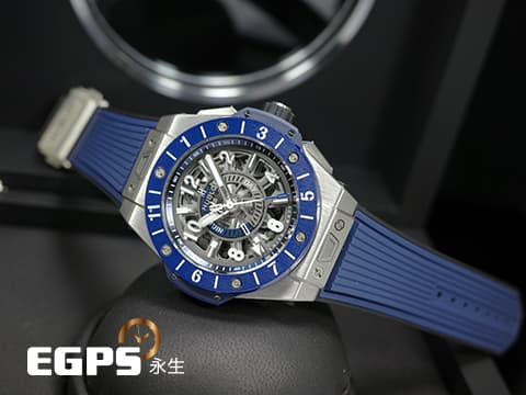 HUBLOT 宇舶 Big Bang 大爆炸 Unico GMT 三日鍊 兩地時間 471.NL.7112.RX 鈦金屬材質&nbsp;藍色陶瓷錶圈&nbsp;鏤空面盤 2021年保卡&nbsp;自動上鍊 45mm