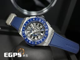 HUBLOT 宇舶 Big Bang 大爆炸 Unico GMT 三日鍊 兩地時間 471.NL.7112.RX 鈦金屬材質&nbsp;<font color="#05f0f0">藍色陶瓷錶圈&nbsp;鏤空面盤</font> <font color="#FF0000">2021年保卡</font>&nbsp;自動上鍊 45mm