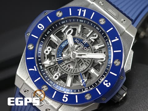 HUBLOT 宇舶 Big Bang 大爆炸 Unico GMT 三日鍊 兩地時間 471.NL.7112.RX 鈦金屬材質&nbsp;藍色陶瓷錶圈&nbsp;鏤空面盤 2021年保卡&nbsp;自動上鍊 45mm