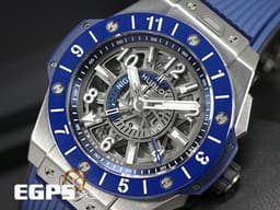 HUBLOT 宇舶 Big Bang 大爆炸 Unico GMT 三日鍊 兩地時間 471.NL.7112.RX 鈦金屬材質&nbsp;<font color="#05f0f0">藍色陶瓷錶圈&nbsp;鏤空面盤</font> <font color="#FF0000">2021年保卡</font>&nbsp;自動上鍊 45mm