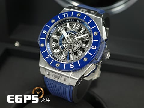 HUBLOT 宇舶 Big Bang 大爆炸 Unico GMT 三日鍊 兩地時間 471.NL.7112.RX 鈦金屬材質&nbsp;藍色陶瓷錶圈&nbsp;鏤空面盤 2021年保卡&nbsp;自動上鍊 45mm
