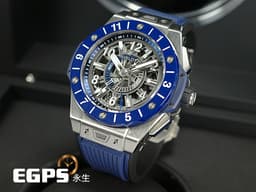 HUBLOT 宇舶 Big Bang 大爆炸 Unico GMT 三日鍊 兩地時間 471.NL.7112.RX 鈦金屬材質&nbsp;<font color="#05f0f0">藍色陶瓷錶圈&nbsp;鏤空面盤</font> <font color="#FF0000">2021年保卡</font>&nbsp;自動上鍊 45mm