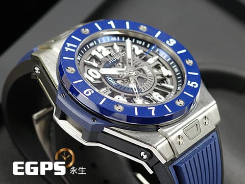HUBLOT 宇舶 Big Bang 大爆炸 Unico GMT 三日鍊 兩地時間 471.NL.7112.RX 鈦金屬材質&nbsp;藍色陶瓷錶圈&nbsp;鏤空面盤 2021年保卡&nbsp;自動上鍊 45mm