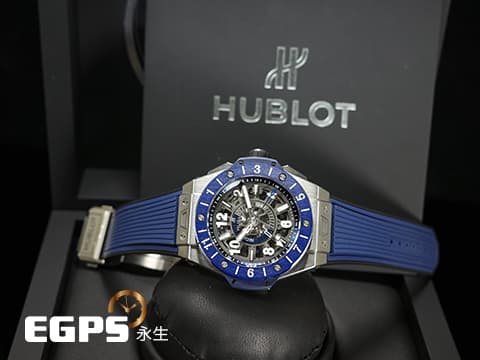 HUBLOT 宇舶 Big Bang 大爆炸 Unico GMT 三日鍊 兩地時間 471.NL.7112.RX 鈦金屬材質&nbsp;藍色陶瓷錶圈&nbsp;鏤空面盤 2021年保卡&nbsp;自動上鍊 45mm