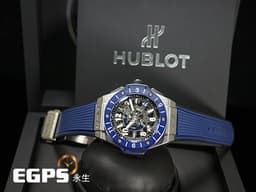 HUBLOT 宇舶 Big Bang 大爆炸 Unico GMT 三日鍊 兩地時間 471.NL.7112.RX 鈦金屬材質&nbsp;<font color="#05f0f0">藍色陶瓷錶圈&nbsp;鏤空面盤</font> <font color="#FF0000">2021年保卡</font>&nbsp;自動上鍊 45mm