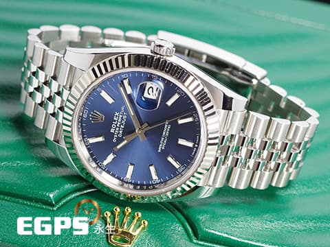 ROLEX 勞力士 Datejust 126334 蠔式日誌型 藍色放射紋面盤、柱狀夜光時標 18K白金三角坑紋錶圈 2024保單 紀念型（Jubilee）五銖錶帶 自動上鍊 41mm