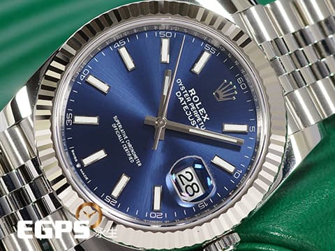 ROLEX 勞力士 Datejust 126334 蠔式日誌型 藍色放射紋面盤、柱狀夜光時標 18K白金三角坑紋錶圈 2024保單 紀念型（Jubilee）五銖錶帶 自動上鍊 41mm