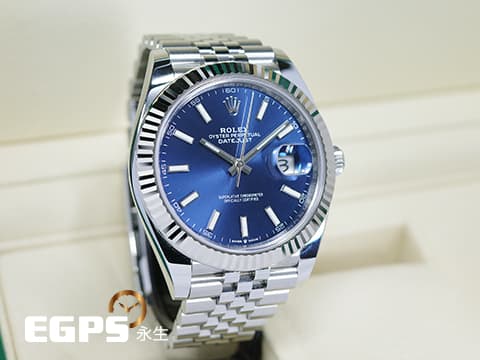 ROLEX 勞力士 Datejust 126334 蠔式日誌型 藍色放射紋面盤、柱狀夜光時標 18K白金三角坑紋錶圈 2024保單 紀念型（Jubilee）五銖錶帶 自動上鍊 41mm