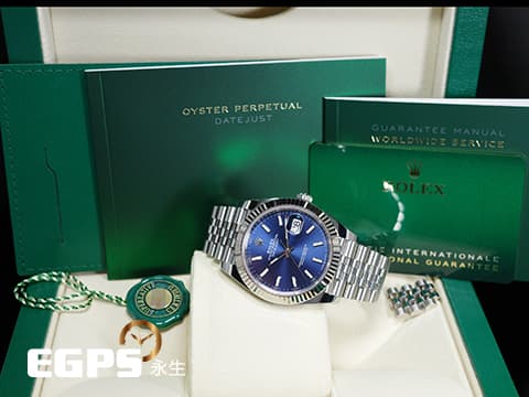 ROLEX 勞力士 Datejust 126334 蠔式日誌型 藍色放射紋面盤、柱狀夜光時標 18K白金三角坑紋錶圈 2024保單 紀念型（Jubilee）五銖錶帶 自動上鍊 41mm