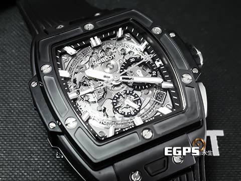Hublot 宇舶 Spirit Of Big Bang Black Magic 42 大爆炸 靈魂系列 642.CI.0170.RX 黑色魔力 黑陶瓷 鈦金屬  計時碼表 酒桶型 鏤空面盤 2025年電子保單 僅試戴極新品 自動上鍊 42mm