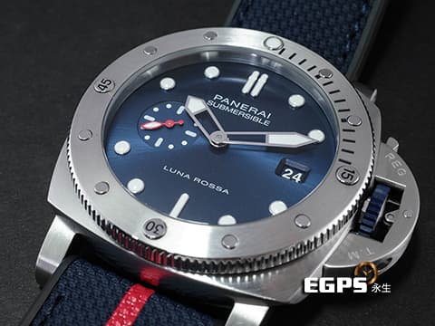 PANERAI 沛納海 Submersible QuarantaQuattro Luna Rossa PAM01391 潛水錶藍色太陽紋面盤 藍色尼龍橡膠錶帶 沛納海P9000自製機芯 小秒盤 2022年保單 台灣公司貨 專賣店限量款 PAM1391自動上鍊 44mm