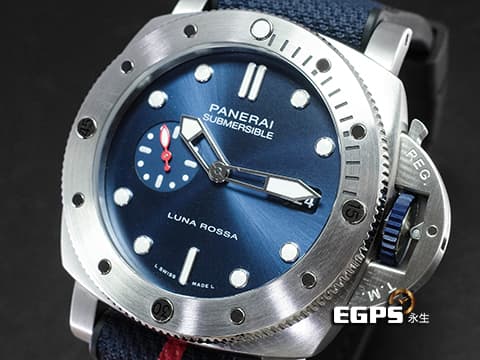 PANERAI 沛納海 Submersible QuarantaQuattro Luna Rossa PAM01391 潛水錶藍色太陽紋面盤 藍色尼龍橡膠錶帶 沛納海P9000自製機芯 小秒盤 2022年保單 台灣公司貨 專賣店限量款 PAM1391自動上鍊 44mm