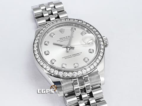 ROLEX 勞力士 Datejust 178384-63160 不鏽鋼材質&nbsp;原廠鑲鑽錶圈 原廠鑽石時標 銀灰色面盤 自動上鍊 亂碼字頭 31mm