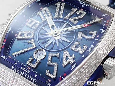 Franck Muller 法蘭穆勒 FM Vanguard Yachting 遊艇系列  V45 SC DT   精鑲鑽框耀眼奪目 ，藍色面盤 鑲鑽立體阿拉伯數字時標&nbsp;自動上鏈 44x54 mm