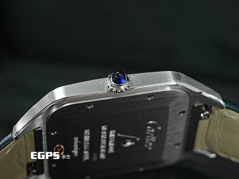 CARTIER 卡地亞 Santos-Dumont 山度士 杜蒙特 WSSA0032 經典 超大型款&nbsp;鑲嵌藍色寶石錶冠 藍鋼指針&nbsp;不鏽鋼材質&nbsp;2022年保單  手上鍊 46.6x33.9mm