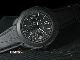 BVLGARI 寶格麗 Bulgari Octo Roma Chronograph 103932 <font color="#545454">黑色DLC塗層不鏽鋼&nbsp;黑色巴黎釘紋錶盤</font><font color="#05f0f0">&nbsp;</font>八角形多稜角設計外框 計時碼表&nbsp;<font color="#FF0000">2026年保卡 快拆錶帶系統 附原廠橡膠錶帶</font>&nbsp;自動上鍊 42mm