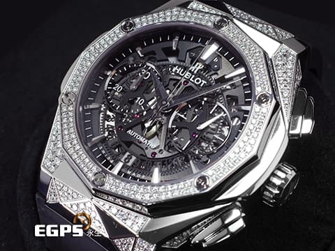 HUBLOT 宇舶 Classic Fusion 經典融合系列 鈦金屬材質&nbsp;法國當代藝術家 Richard Orlinski 聯名設計錶款&nbsp;525.NX.0170.RX.1804.ORL18 原鑲鑽錶 原廠鑲嵌天然美鑽312顆，共約2.04克拉 鏤空面盤 自動上鍊 計時碼錶 45mm