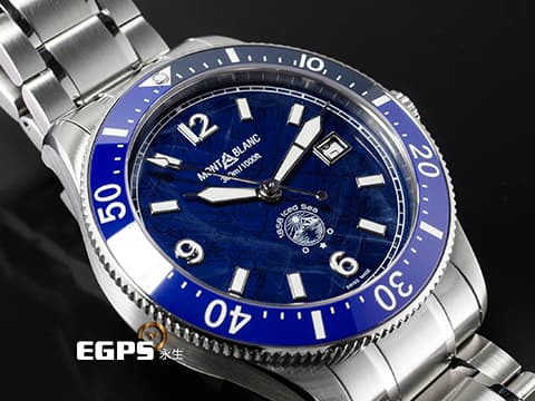 Montblanc 萬寶龍 1858系列 Iced Sea 129369夜光6/9/12數字時標 酷炫冰山底蓋 實用的超值藍水鬼~~~ 藍色冰河紋圖案錶盤 陶瓷錶圈 不鏽鋼 最新快拆式錶帶 2025保單 自動上鍊 41mm