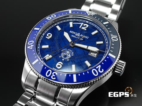 Montblanc 萬寶龍 1858系列 Iced Sea 129369夜光6/9/12數字時標 酷炫冰山底蓋 實用的超值藍水鬼~~~ 藍色冰河紋圖案錶盤 陶瓷錶圈 不鏽鋼 最新快拆式錶帶 2025保單 自動上鍊 41mm