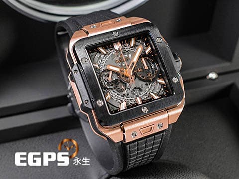 HUBLOT 宇舶 Square Bang Unico系列 821.OM.0180.RX 三日鍊 飛返 計時碼表 King Gold 王金材質 陶瓷錶圈 鏤空面盤 2024年電子保單 自動上鍊 42mm