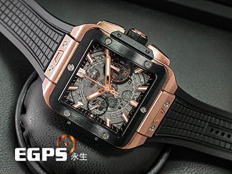 HUBLOT 宇舶 Square Bang Unico系列 821.OM.0180.RX 三日鍊 飛返 計時碼表 King Gold 王金材質 陶瓷錶圈 鏤空面盤 2024年電子保單 自動上鍊 42mm