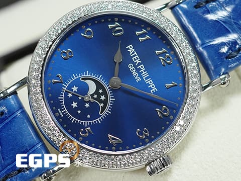 Patek philippe 百達翡麗 PP&nbsp; 複雜功能時計 7121/200G 18K白金材質 原廠鑲嵌132 顆鑽石（1.09 克拉）錶圈 月相顯示 藍色面盤&nbsp;2025年保單 新錶訂價：1,507,000元&nbsp;手動上鍊&nbsp;38mm