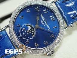 Patek philippe 百達翡麗 PP&nbsp; 複雜功能時計 7121/200G 18K白金材質 <font color="#05f0f0">原廠鑲嵌132 顆鑽石（1.09 克拉）錶圈 月相顯示 藍色面盤</font>&nbsp;<font color="#ff0000">2</font><font color="#FF0000">025年保單 新錶訂價：1,507,000元&nbsp;</font>手動上鍊&nbsp;38mm